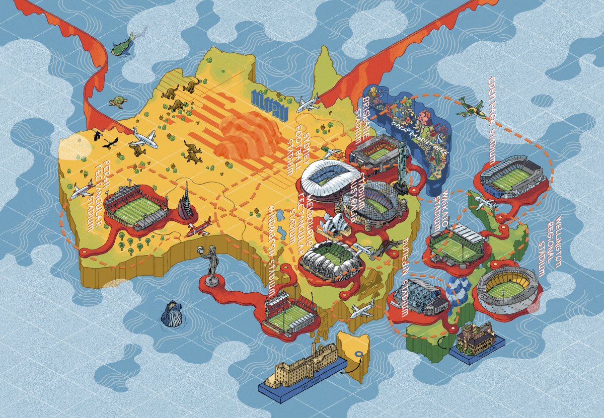 An illustrated map of Australia and New Zealand, showcasing the 10 stadiums that will be used during the Women's World Cup.